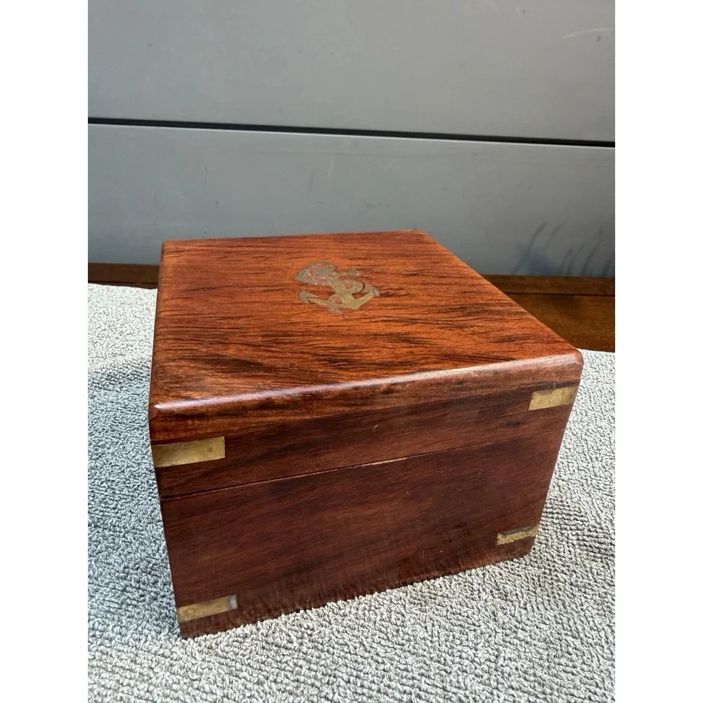 Large Antique Nautical Brass Copper Sundial Compass W/ Rosewood Inlay Box